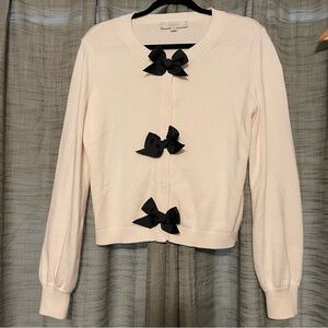 LOFT Women’s Ivory Cardigan 100% Cotton with Black Bow Accents Size Large